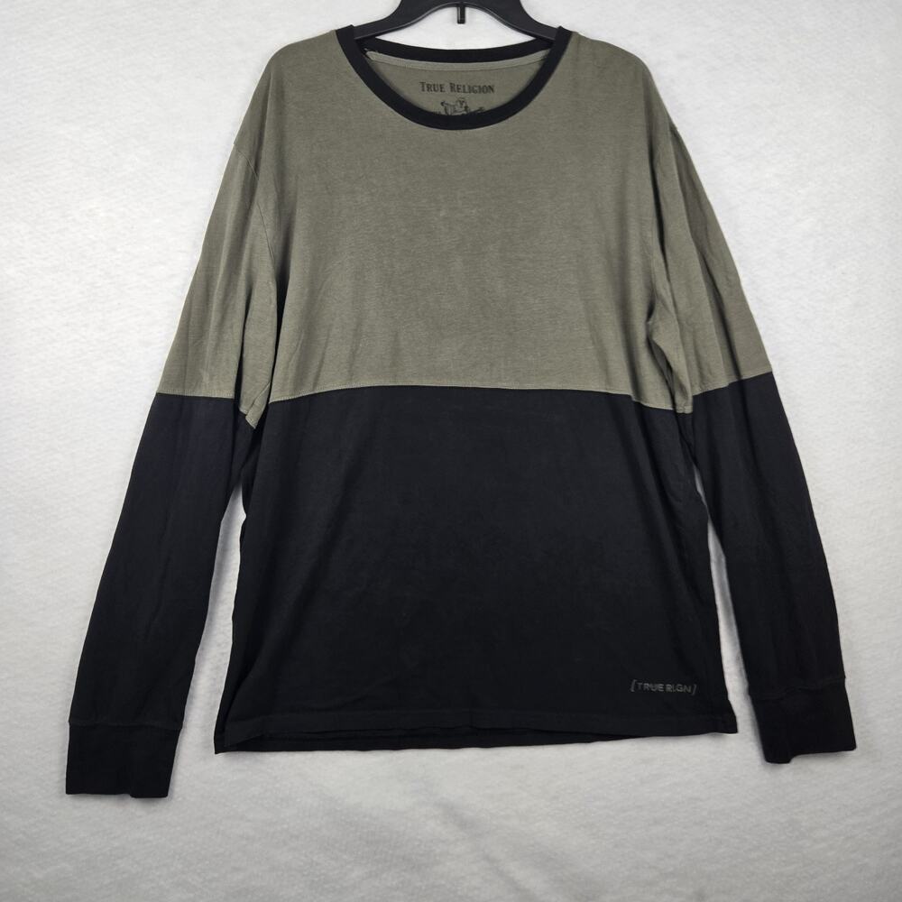 True Religion World Tour T-Shirt Men's XXL Green/Black Crew Neck Long Sleeve